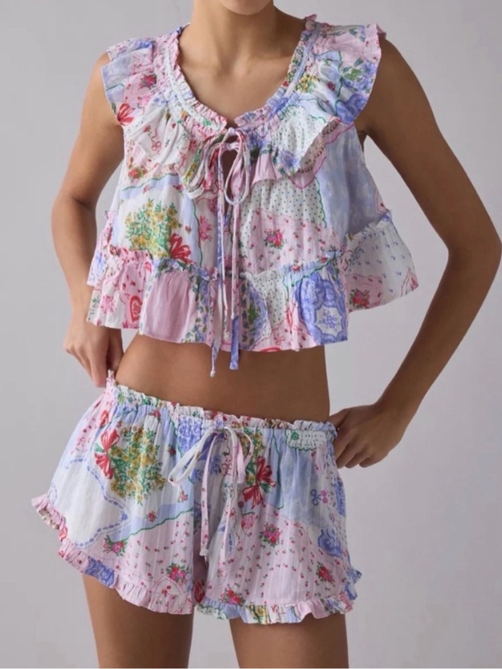 Out From Under UO Love Letters Baby Doll Ruffle Top Micro Shorts Pajama Set